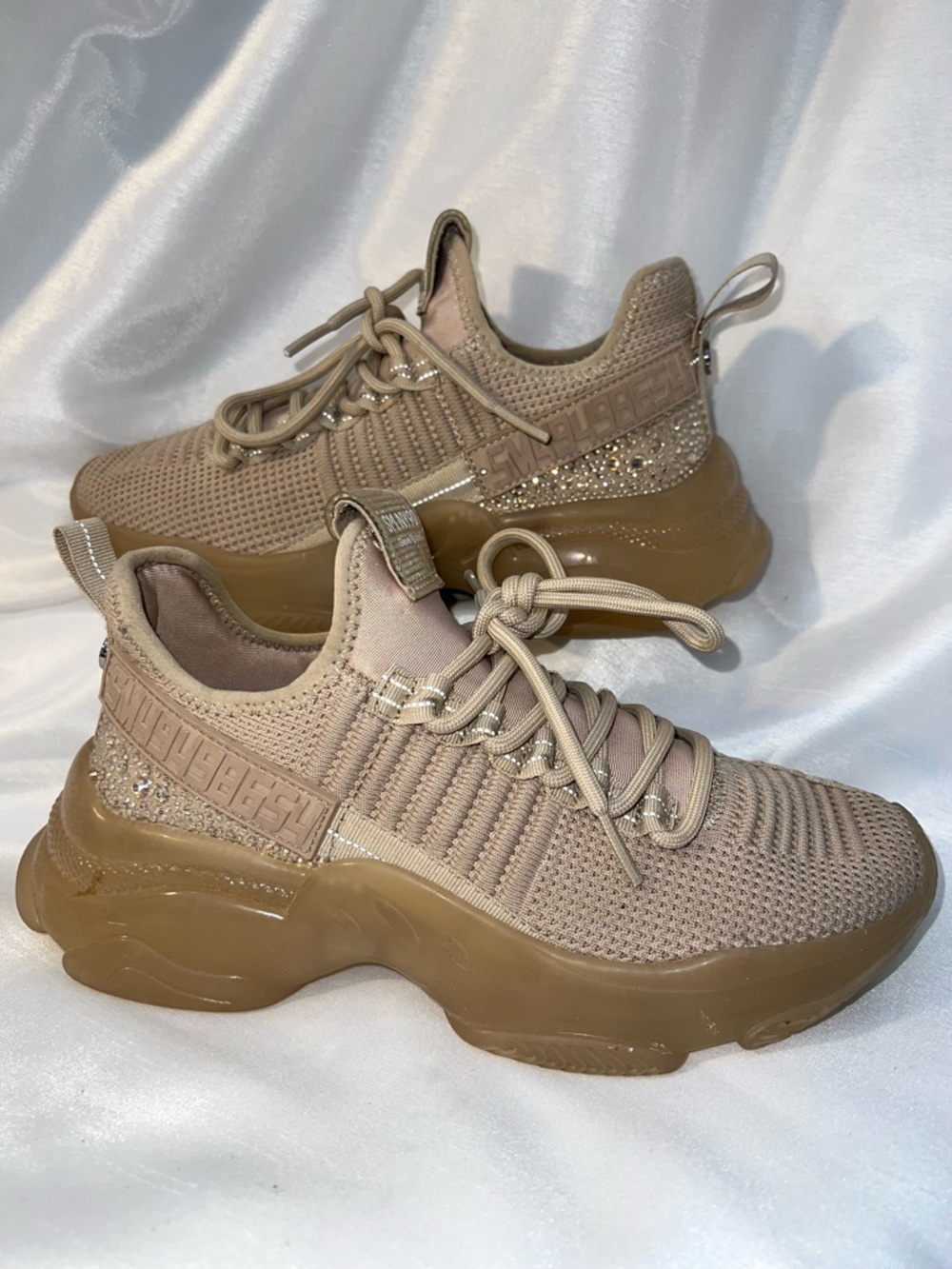 Steve Madden Taupe Knit Platform Sneakers with Glitter Heel